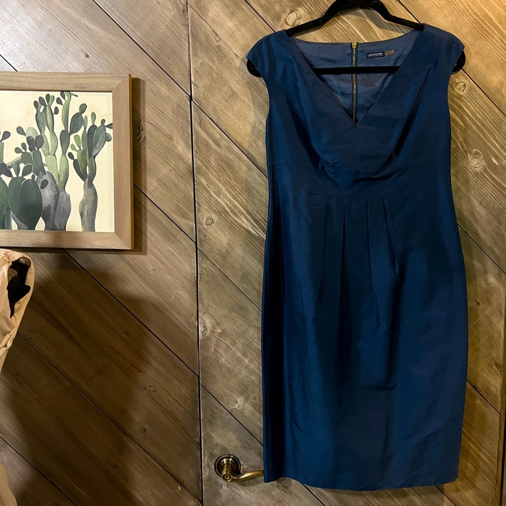 Magaschoni Collection Silk Sheath Blue Dress with Gold Zipper accent